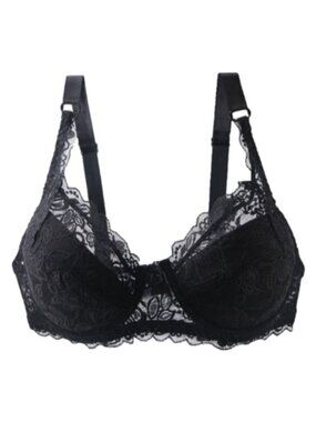 GYCL Classic Ultrathin Underwire Push Up 3/4 Lace Bra, Black, Size Large 38B